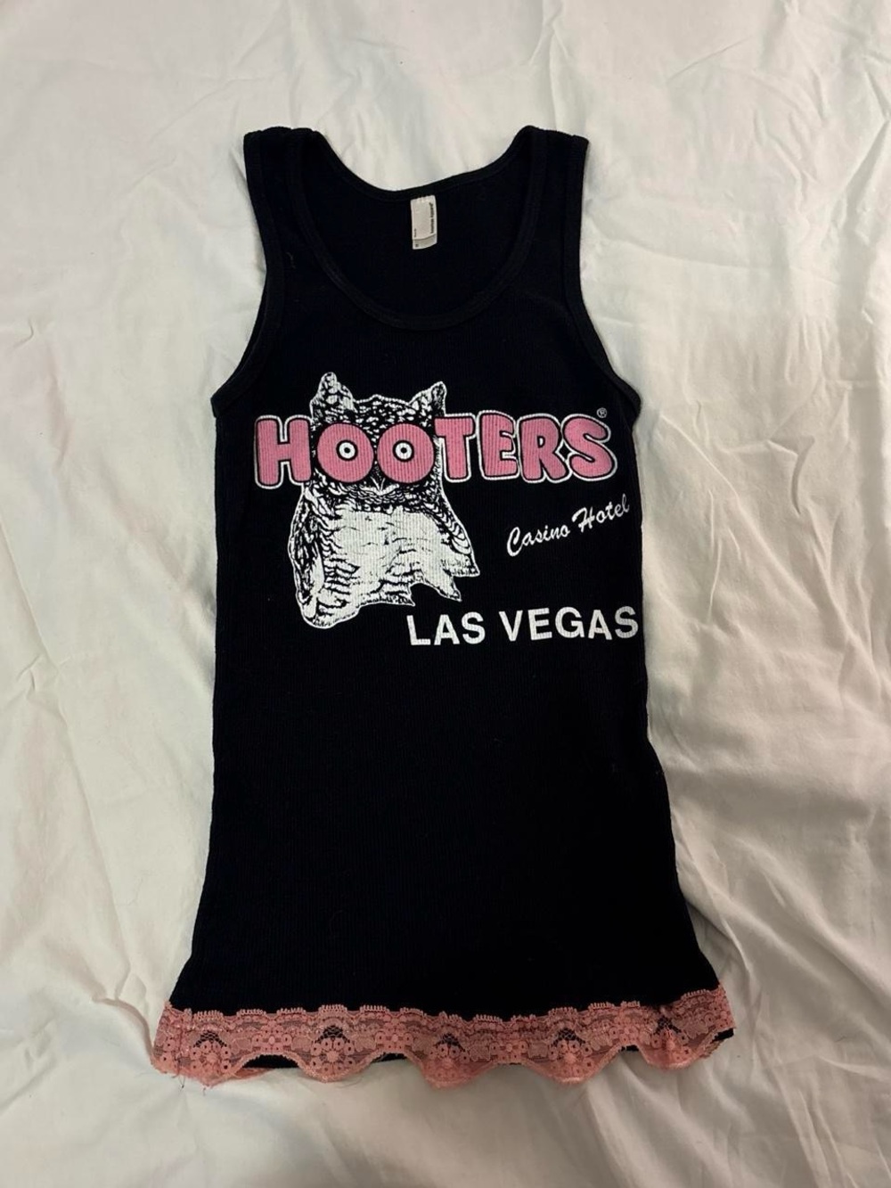 Y2K hooters graphic tank top with pink lace trim